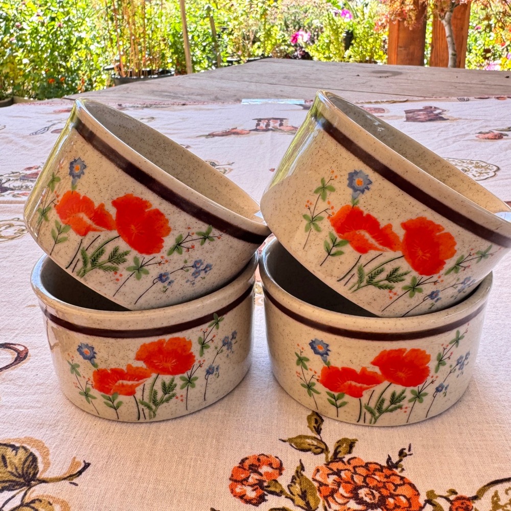 Vintage Haniwa Stone Maywood 3401 Japan Poppy Stoneware Bowls Set of 4